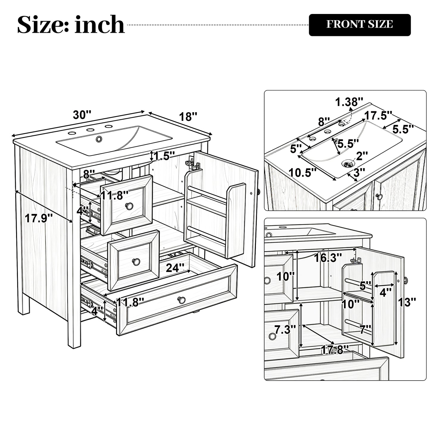 [Video] 30" Wood Grain Bathroom Vanity with Ceramic Sink, Solid Wood Legs, Adjustable Shelf & Full Soft-Close Drawers & Door, Storage Rack, Open Back Design image 6