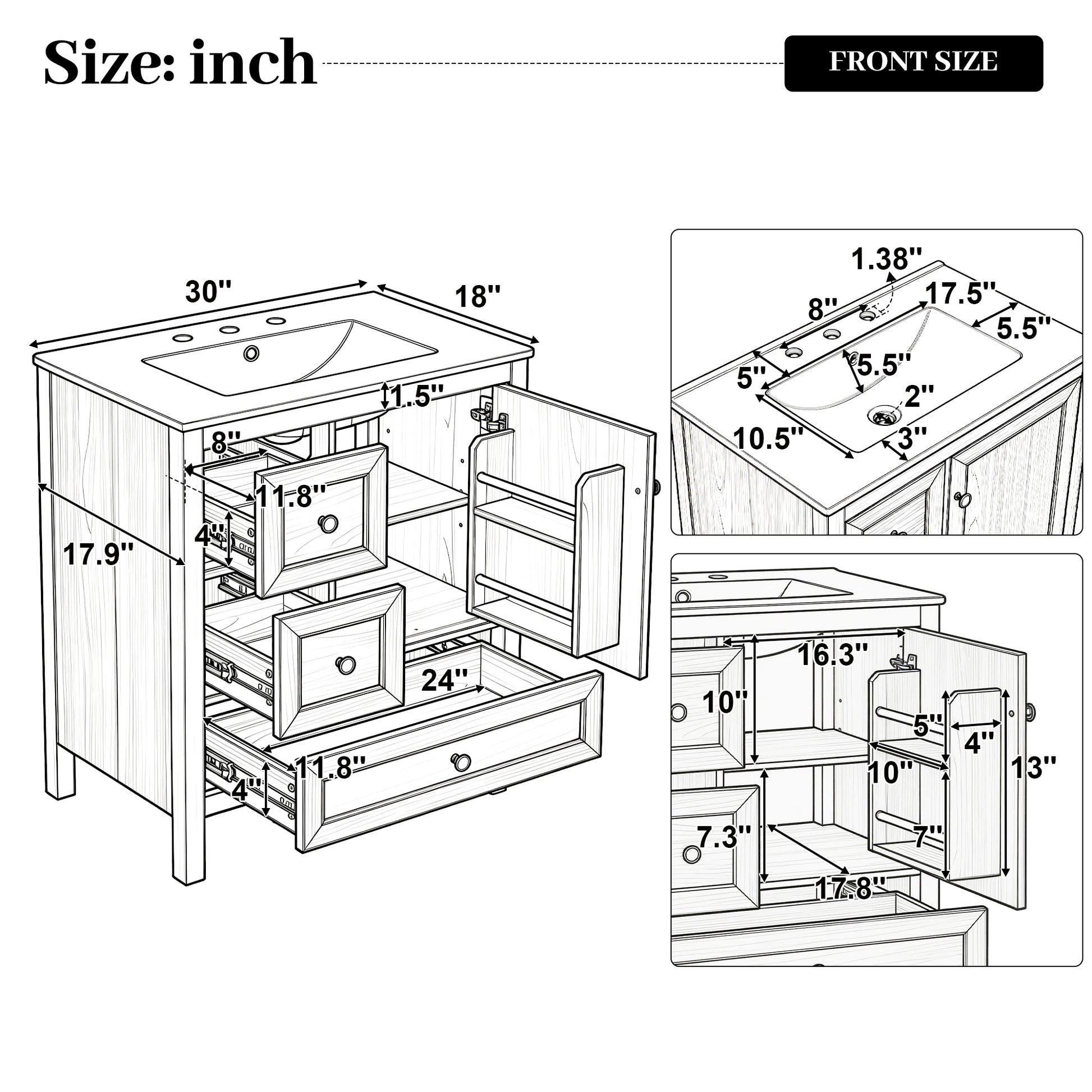 [Video] 30" Wood Grain Bathroom Vanity with Ceramic Sink, Solid Wood Legs, Adjustable Shelf & Full Soft-Close Drawers & Door, Storage Rack, Open Back Design image 6