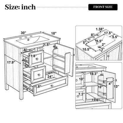 [Video] 30" Wood Grain Bathroom Vanity with Ceramic Sink, Solid Wood Legs, Adjustable Shelf & Full Soft-Close Drawers & Door, Storage Rack, Open Back Design image 6