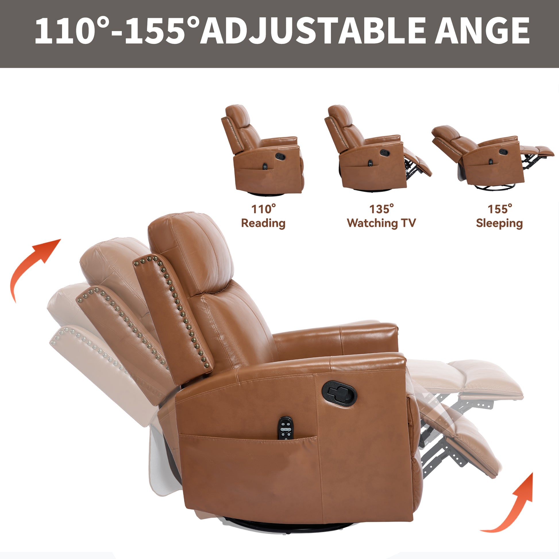 Deep Yellow Genuine Leather Heat Massage Manual Recliner Chair with Rocker and Swivel for Living Room image 5