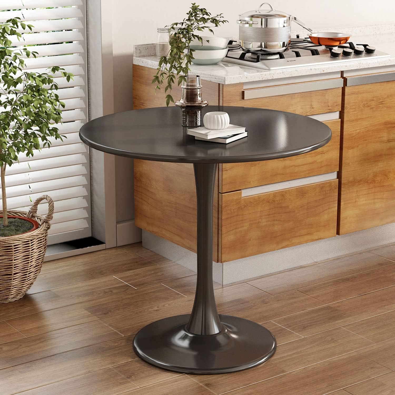Black Round Table, Modern Dining Table, MDF Top and Steel Base Tulip Round Kitchen Table, Mid Century Coffee Table for Living Room 24 Inch, Kitchen Table, Oval Dining Table image 1