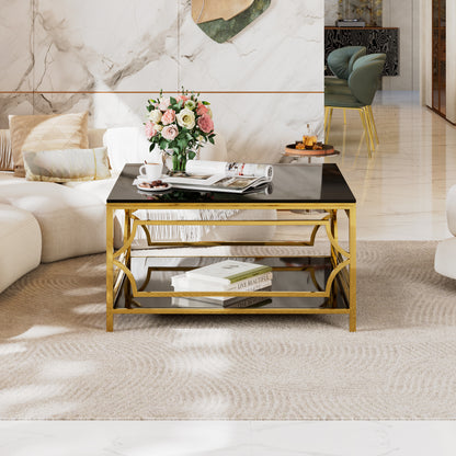 Square Glass Coffee Table in 33.5",Luxurious Geometric Metal Frame,Gold Finish & Lower Shelf image 10