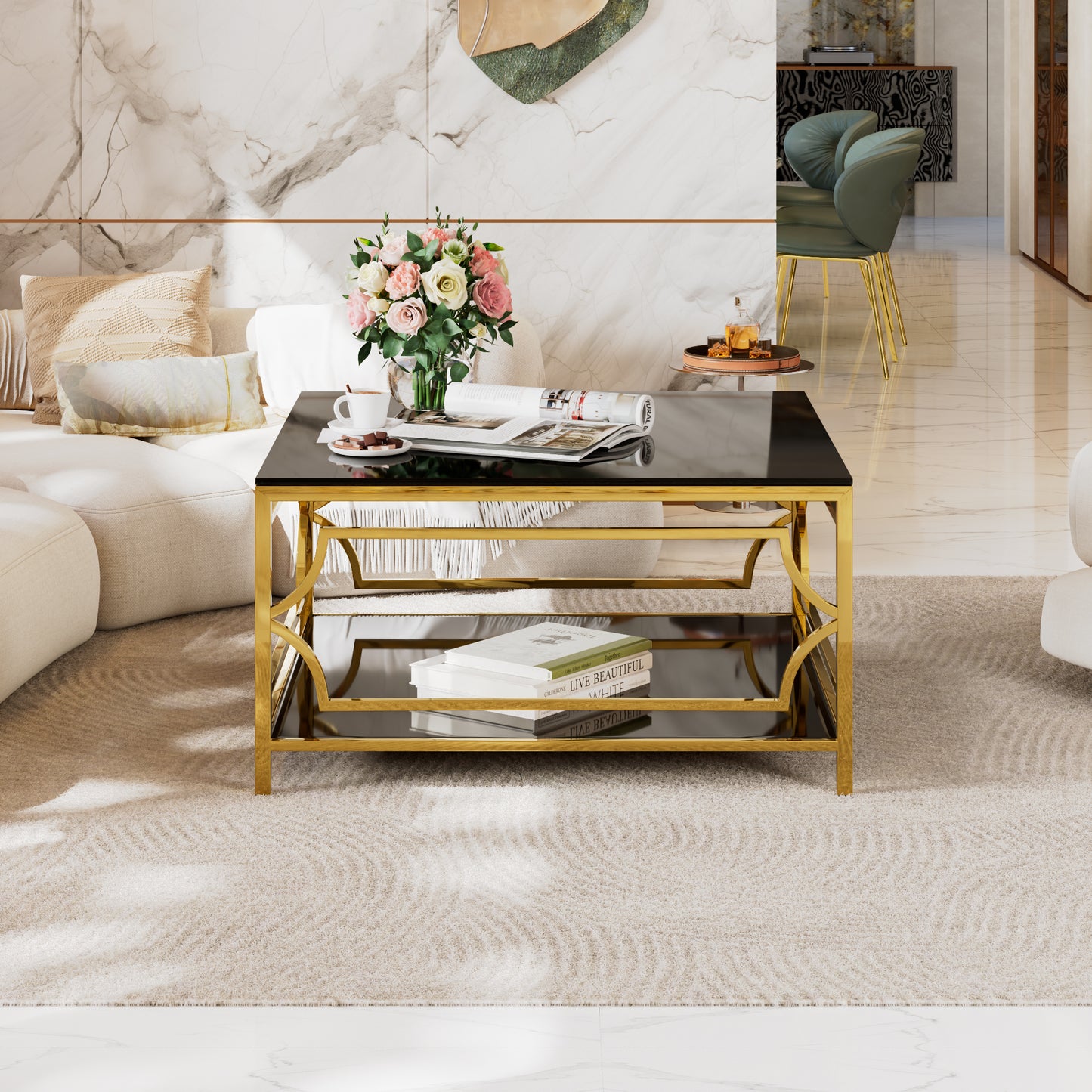 Square Glass Coffee Table in 33.5",Luxurious Geometric Metal Frame,Gold Finish & Lower Shelf image 10