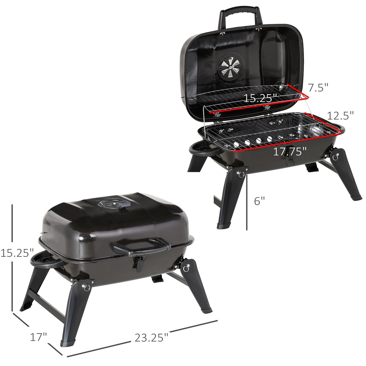 Outsunny 14" Portable Charcoal Grill, Tabletop Small BBQ Grill for Outdoor Cooking, Camping, Tailgating, Enamel Coated, Vent, Folding Legs, Black image 3