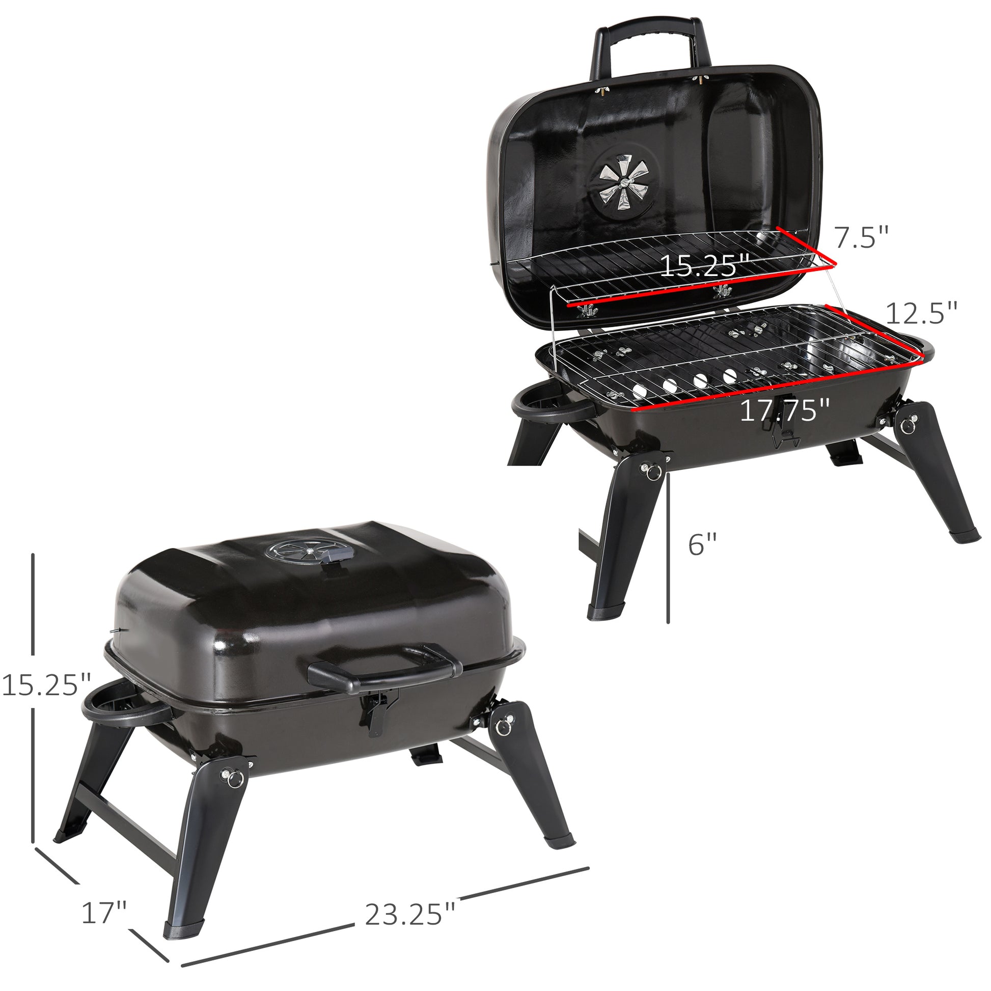 Outsunny 14" Portable Charcoal Grill, Tabletop Small BBQ Grill for Outdoor Cooking, Camping, Tailgating, Enamel Coated, Vent, Folding Legs, Black image 3