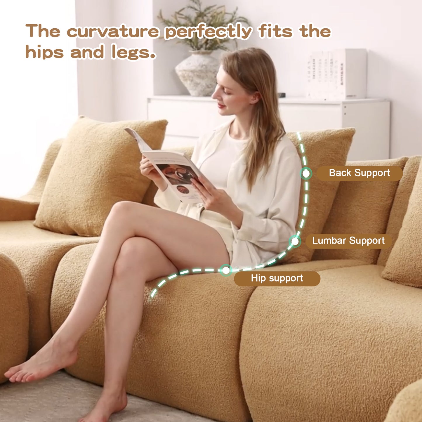 Boneless Sofa,3 Seat High-Quality Teddy Fabric,Anti-Slip Design,No Assembly Curved Armrests Streamlined Design,32D High Density Sponge For Living Rooms Bedrooms Reading Nook,Camel image 6