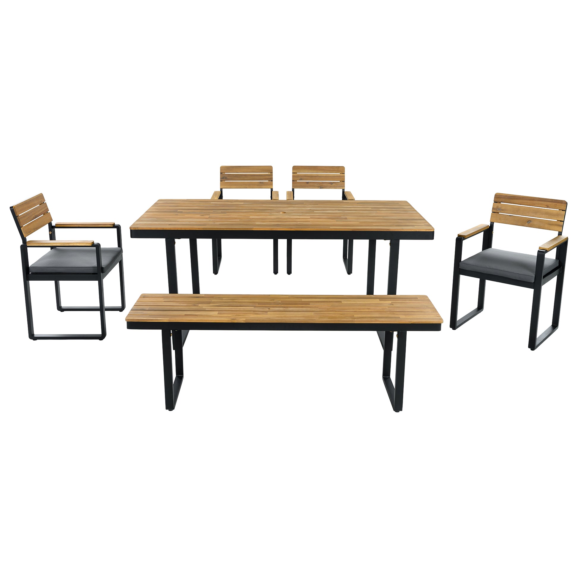 6-Piece Outdoor Dining Set, Acacia Wood, 1 Table with 4 Chairs & 1 Bench for 6-7 Person, Comfortable Cushions on Chairs, Adjustable Feet, for Patio, Garden, Backyard Dining, Gray Cushion image 12