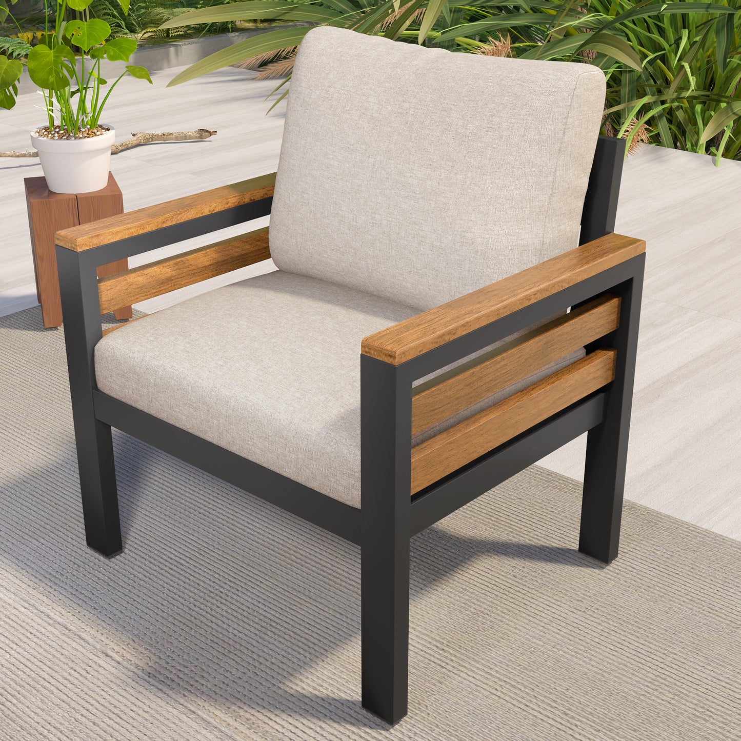 <Old SKU: N704G201246A> GO 4-Piece Outdoor Furniture Sofa Set for 5 People with Acacia Wood Armrests, Patio Conversation Set with Removable Cushion and Solid Wood Coffee Table for Garden,Beige image 3