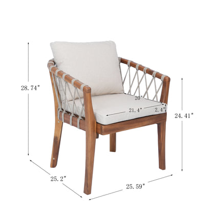 Outdoor Dining Chairs set for 2, Acacia Wood Frame with Teak Finish, Multi Brown Rope Weave, Water Repellent Beige Cushion, Patio Bistro Chairs for Backyard Garden Balcony image 5