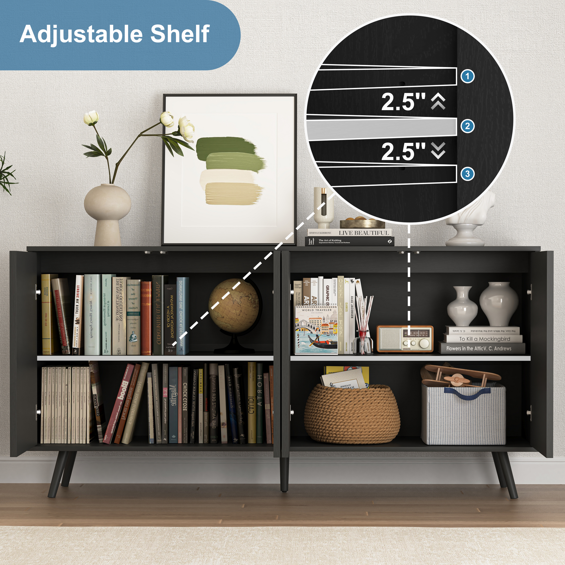 Sideboard Buffet Cabinet with Storage, Long Sideboard Storage Cabinet with 4 Doors, Wood Credenza Console Coffee Bar Cabinets with Adjustable Shelves for Living Room Kitchen Dining Room Black image 3