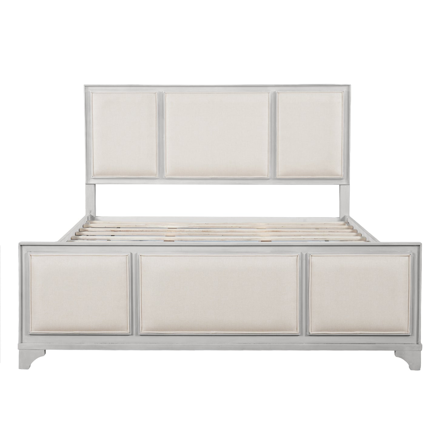 Queen Size Wooden Bed Frame with Upholstered Headboard, White Wood & Beige Fabric, Solid Wood Platform, Modern Farmhouse Style image 5