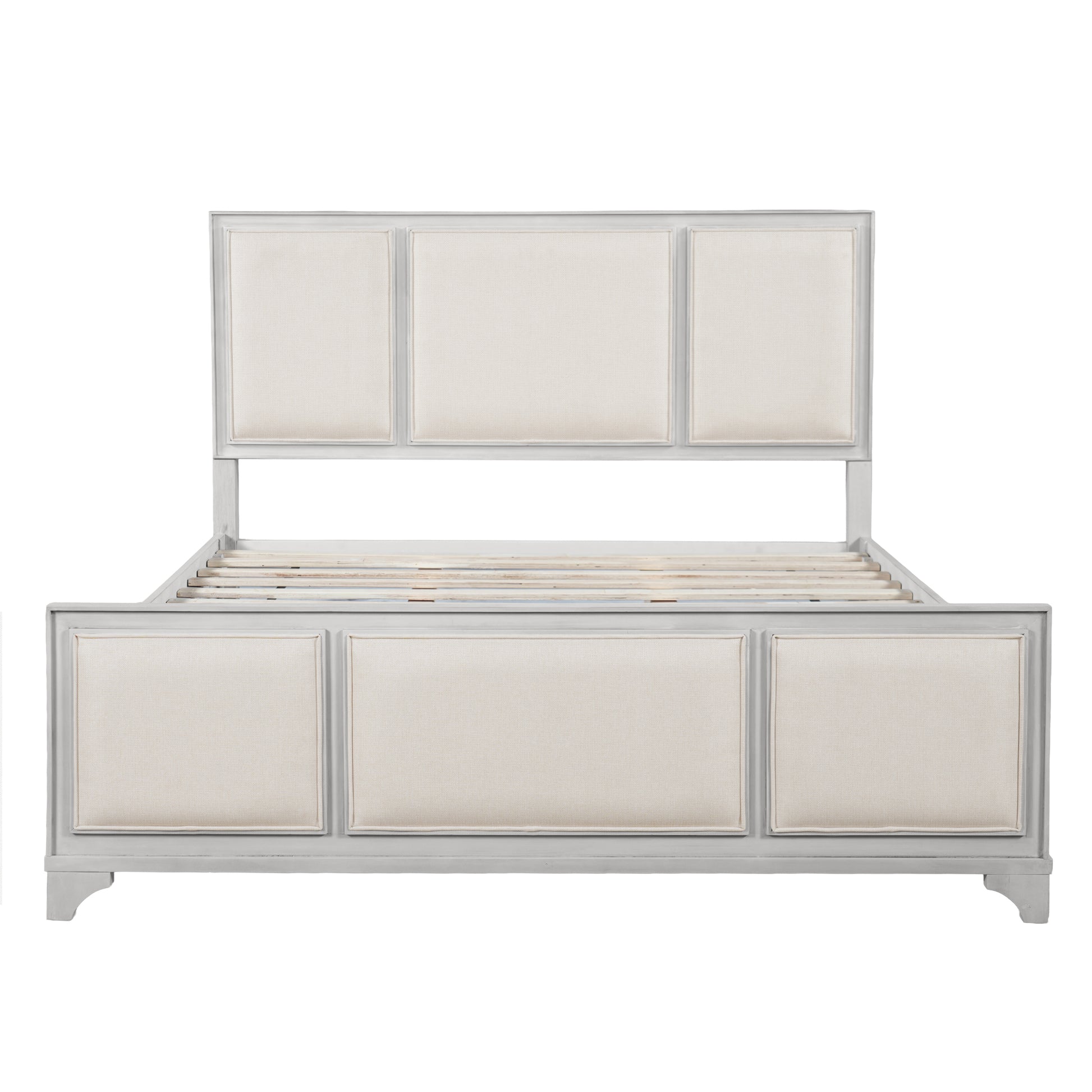 Queen Size Wooden Bed Frame with Upholstered Headboard, White Wood & Beige Fabric, Solid Wood Platform, Modern Farmhouse Style image 5