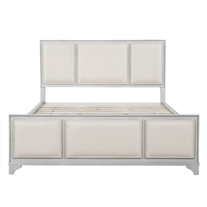 Queen Size Wooden Bed Frame with Upholstered Headboard, White Wood & Beige Fabric, Solid Wood Platform, Modern Farmhouse Style image 5