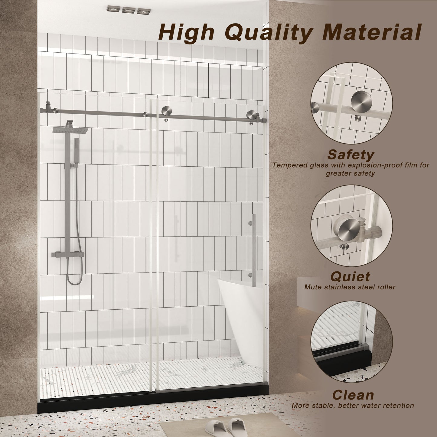 Frameless shower door 56-60 "W x 76" H, 1/4 "(6 mm) Clear Tempered Glass, Explosion Proof Film, Stainless Steel Handle,Brushed Nickel image 4