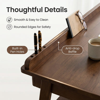 Solid Wood Writing Desk, Home Office Desk for Small Spaces, Mid Century Modern Desks with 2 Drawers & Storage Shelf, Standing Desk with Side Hooks for Study, Bedroom, Office (Walnut) image 9