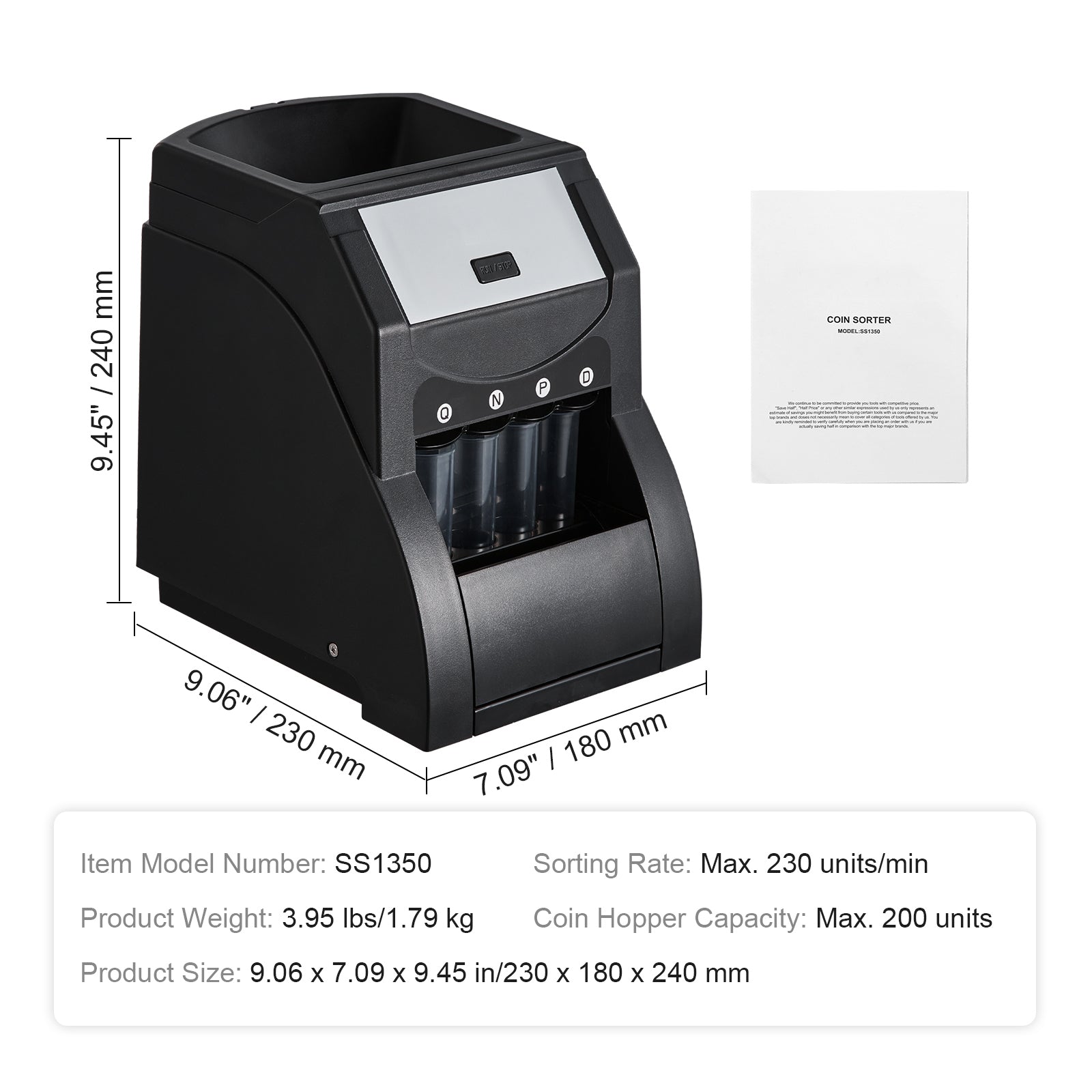 USD Coin Sorter, Coin Sorter Machine for USD Coin 1￠ 5￠ 10￠ 25￠, Sorts up to 230 Coins/min, Coin Sorter and Wrapper Machine Holds 200 Coins Included 4 Coin Tubes, Black image 8