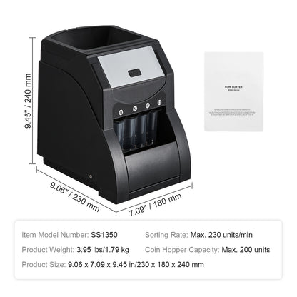 USD Coin Sorter, Coin Sorter Machine for USD Coin 1￠ 5￠ 10￠ 25￠, Sorts up to 230 Coins/min, Coin Sorter and Wrapper Machine Holds 200 Coins Included 4 Coin Tubes, Black image 8