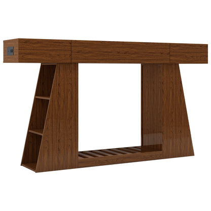 60 Inch Narrow Console Table with Built-in Power Outlet, Farmhouse Sofa Table Behind Couch, Entryway Foyer Table with Side Storage Compartment & Slatted Bottom Shelf, image 10