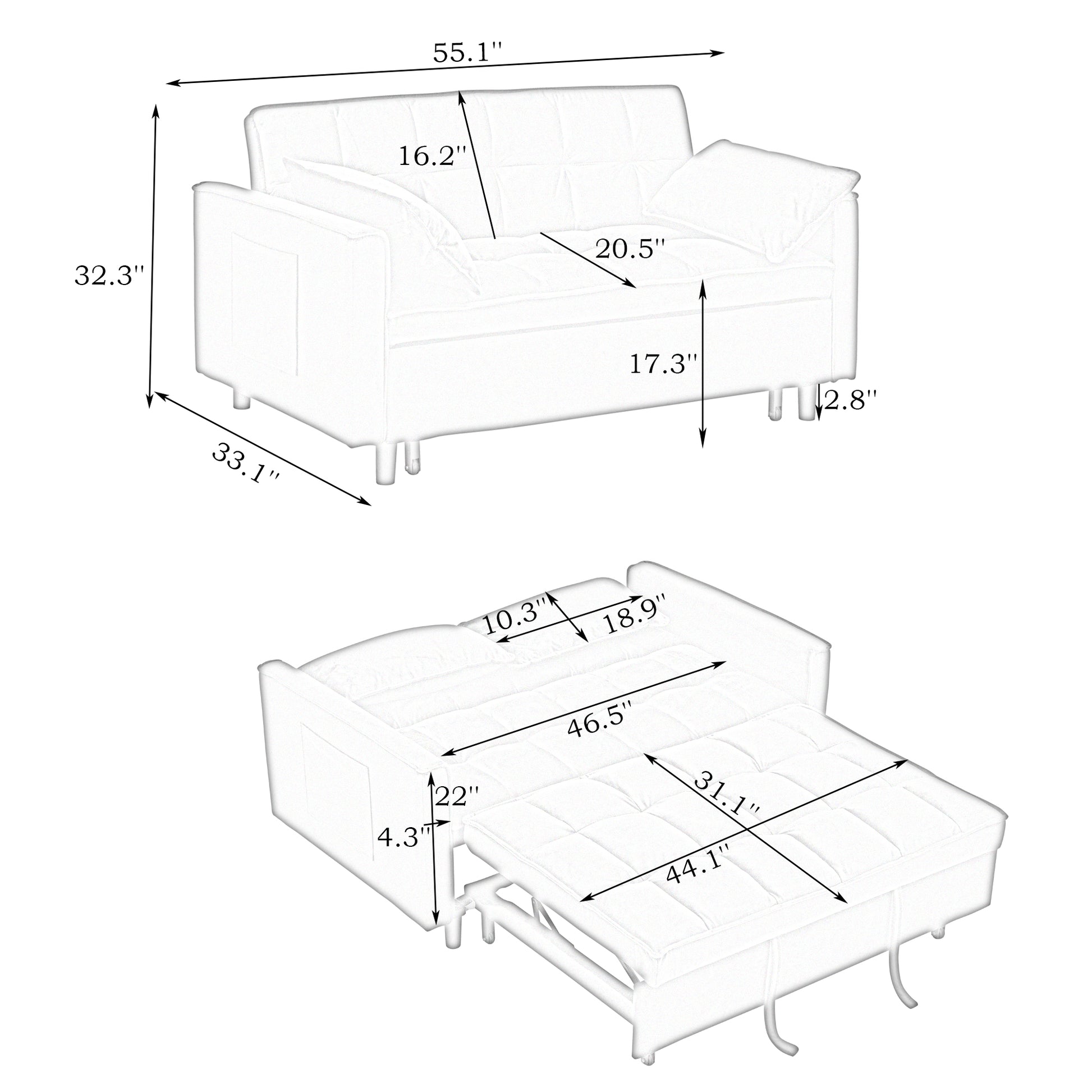 Modern velvet sofa, sofa pull-out bed, small love seat casual sofa with back, with pillow, pockets, living room furniture, 3 in 1 convertible sleep sofa bed. image 12