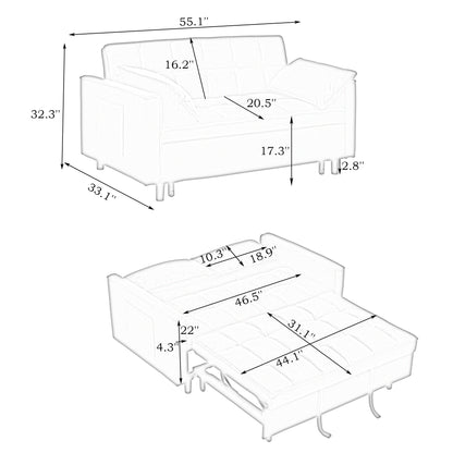 Modern velvet sofa, sofa pull-out bed, small love seat casual sofa with back, with pillow, pockets, living room furniture, 3 in 1 convertible sleep sofa bed. image 12
