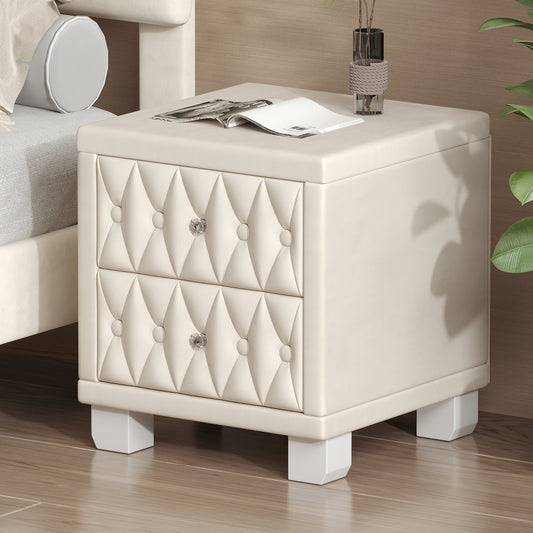 Elegant Velvet Nightstand with 2 Drawers and Crystal Handle, Storage Bedside Table with Button-Tufted, Beige image 1