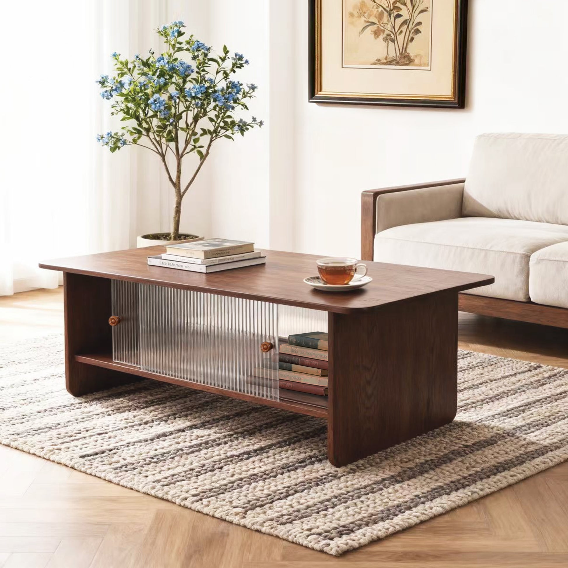 47" Coffee Table With Storage, Rectangular Mid-Century Retro Center Table, Fluted Glass Sliding Doors For Living Room Bedroom Guest Room, Walnut. image 8