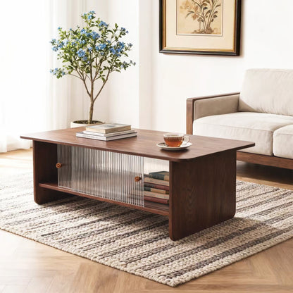 47" Coffee Table With Storage, Rectangular Mid-Century Retro Center Table, Fluted Glass Sliding Doors For Living Room Bedroom Guest Room, Walnut. image 8