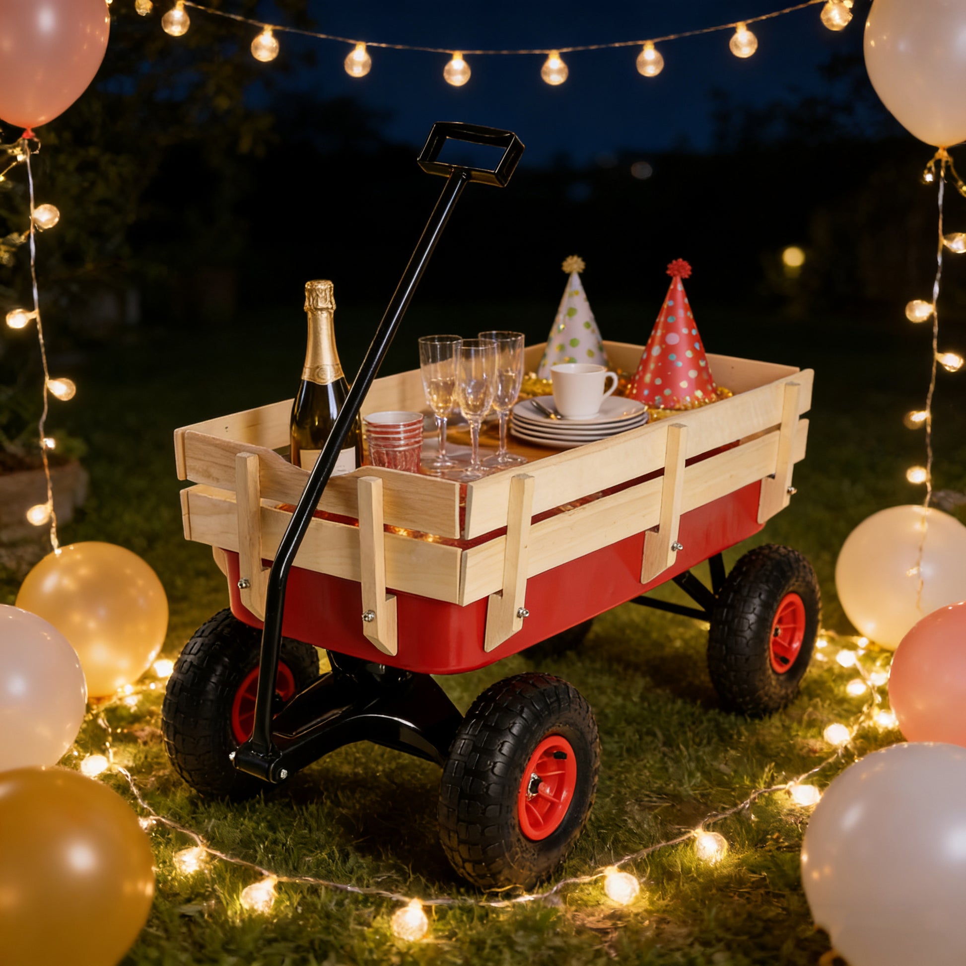 outdoor sport wagon tools cart wooden side panels air tires Wagon (red) image 6