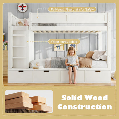 Twin over Twin Bunk Bed with 4 Storage Drawers, Solid Wood Bunk Bed with Built-in Wardrobe and Full-length Guardrails, No Box Spring Needed, Ivory image 7