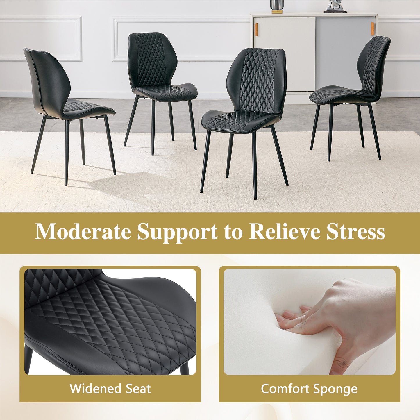Set of 4 modern light luxury black diamond-quilted PU chairs with black metal legs. Suitable as upholstered dining chairs with backrests for home dining rooms, adaptable to a wide range of scenarios. image 9