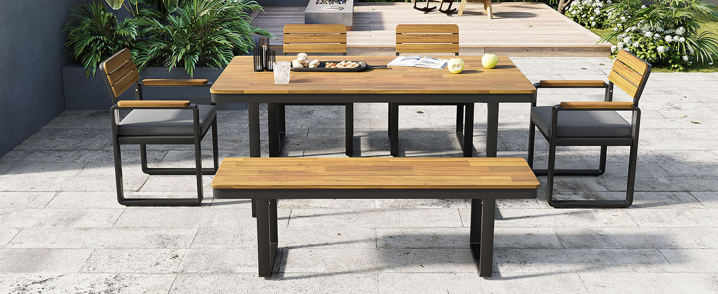 6-Piece Outdoor Dining Set, Acacia Wood, 1 Table with 4 Chairs & 1 Bench for 6-7 Person, Comfortable Cushions on Chairs, Adjustable Feet, for Patio, Garden, Backyard Dining, Gray Cushion image 10