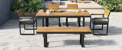 6-Piece Outdoor Dining Set, Acacia Wood, 1 Table with 4 Chairs & 1 Bench for 6-7 Person, Comfortable Cushions on Chairs, Adjustable Feet, for Patio, Garden, Backyard Dining, Gray Cushion image 10