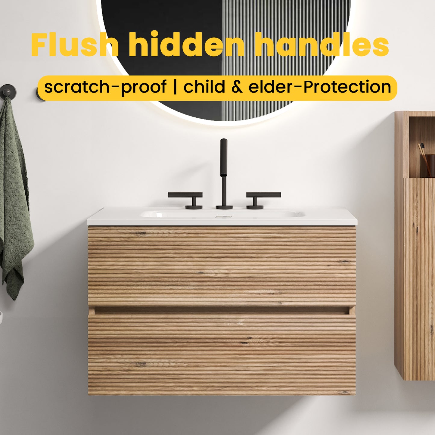Gloria 30" Wall Mounted Rough Oak&Rough Oak Bathroom Vanity with Integrated Ceramic Sink with Overflow, with 3 holes, Large Storage Floating Bathroom Vanity for Modern Bathroom, KD image 3