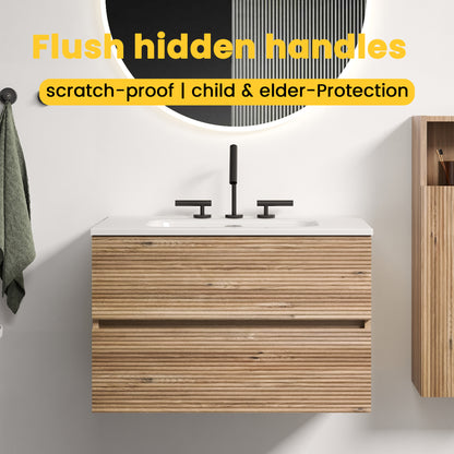 Gloria 30" Wall Mounted Rough Oak&Rough Oak Bathroom Vanity with Integrated Ceramic Sink with Overflow, with 3 holes, Large Storage Floating Bathroom Vanity for Modern Bathroom, KD image 3