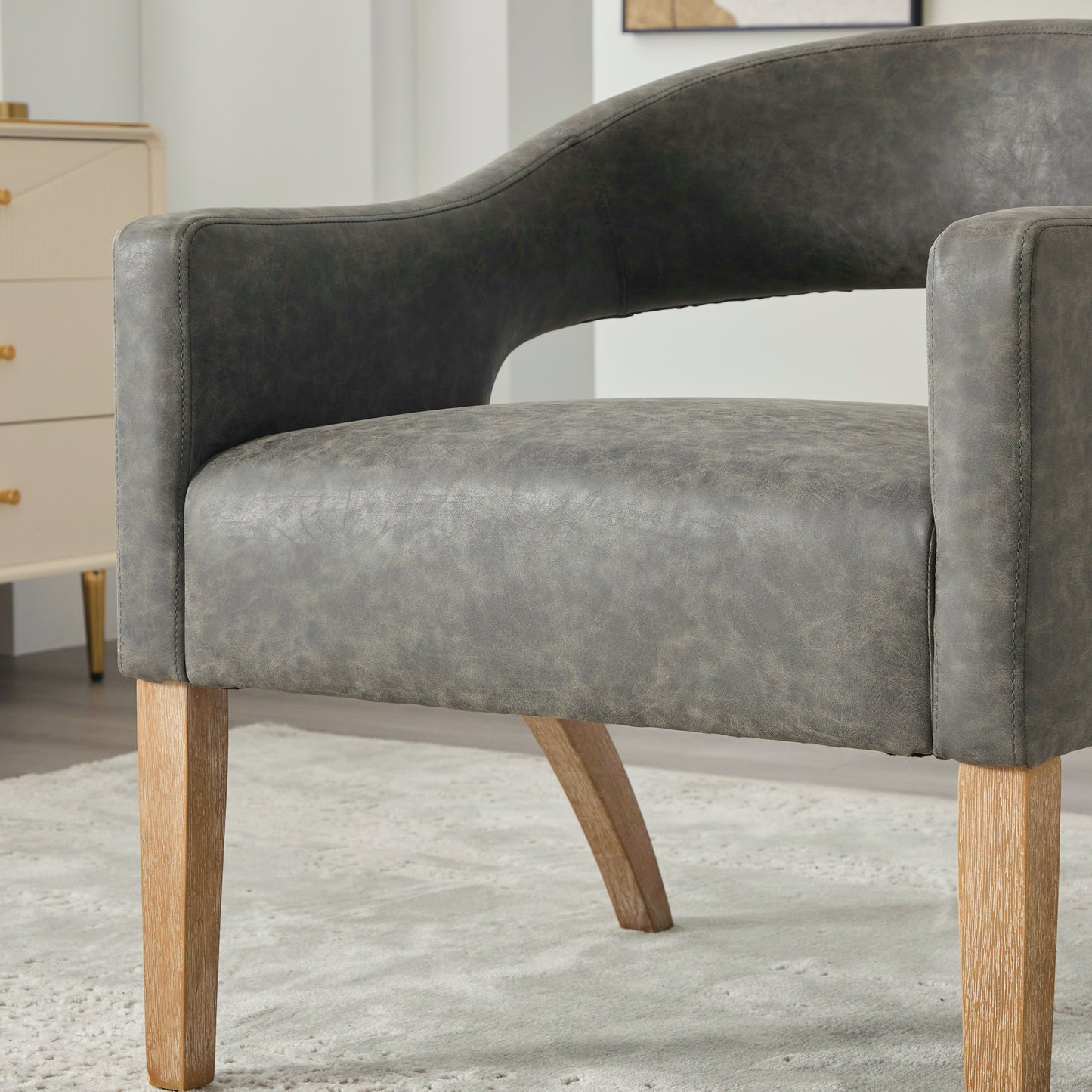 Modern Upholstered PU Open Back Accent Armchair Barrel Dining Chair with Weathered Rubberwood Legs, Hollow-Out Side Club Chair for Living Room Bedroom Restaurant Cafes Dining Room Reception,Gray image 8
