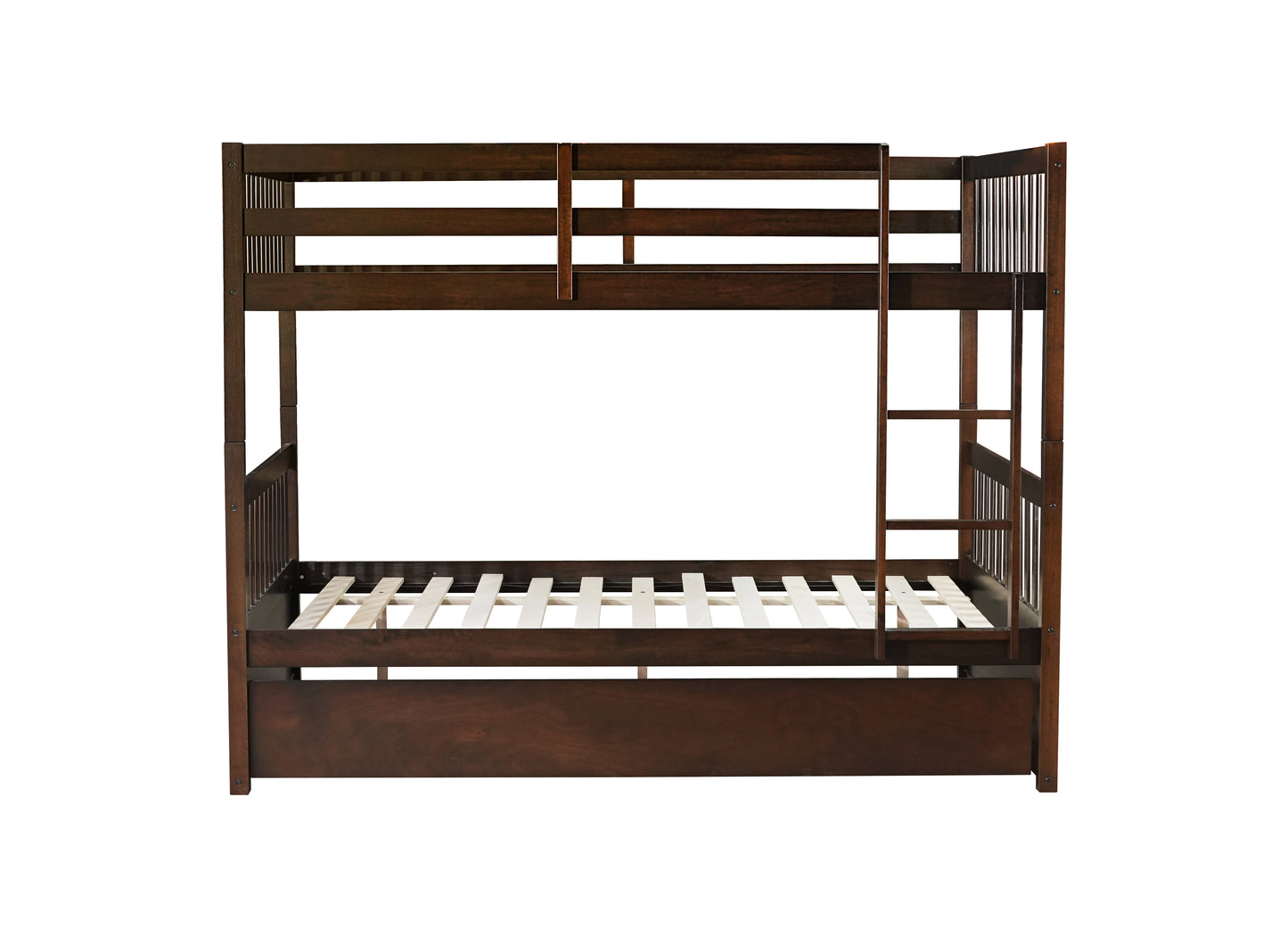 Full Over Full Rubber Wood Bunk Bed with Trundle, Ladder and Guardrails, Convertible to 2 Full Size Beds, with Twin Size Trundle,Espresso image 8