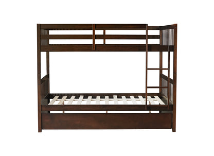 Full Over Full Rubber Wood Bunk Bed with Trundle, Ladder and Guardrails, Convertible to 2 Full Size Beds, with Twin Size Trundle,Espresso image 8