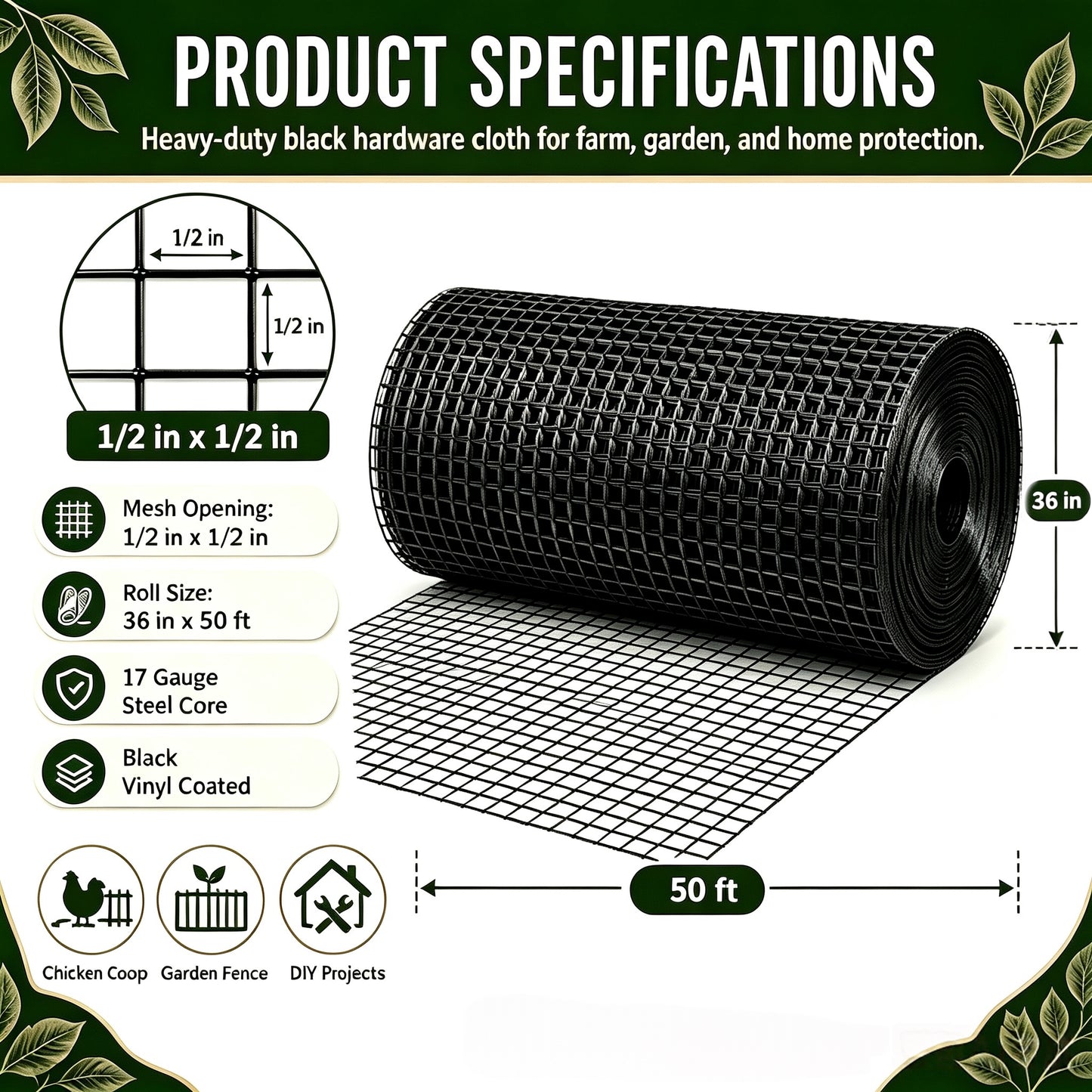 36in x 50ft black metal mesh, 1/2-inch welded chicken wire roll, garden plant fencing, suitable for chicken coops and home renovation image 4