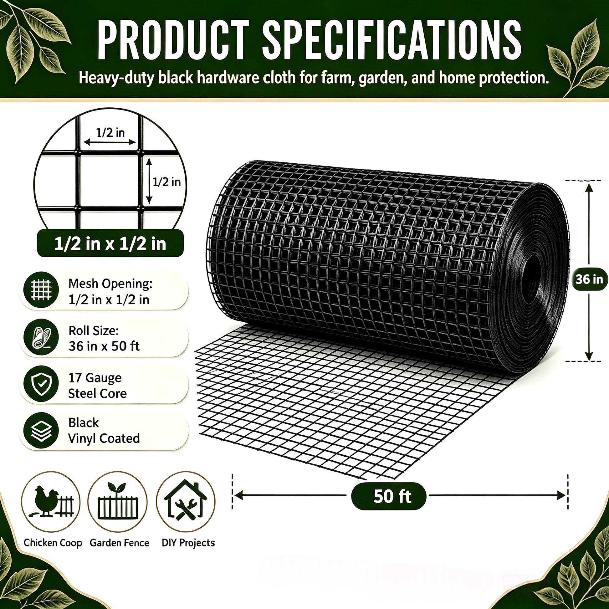 36in x 50ft black metal mesh, 1/2-inch welded chicken wire roll, garden plant fencing, suitable for chicken coops and home renovation image 4