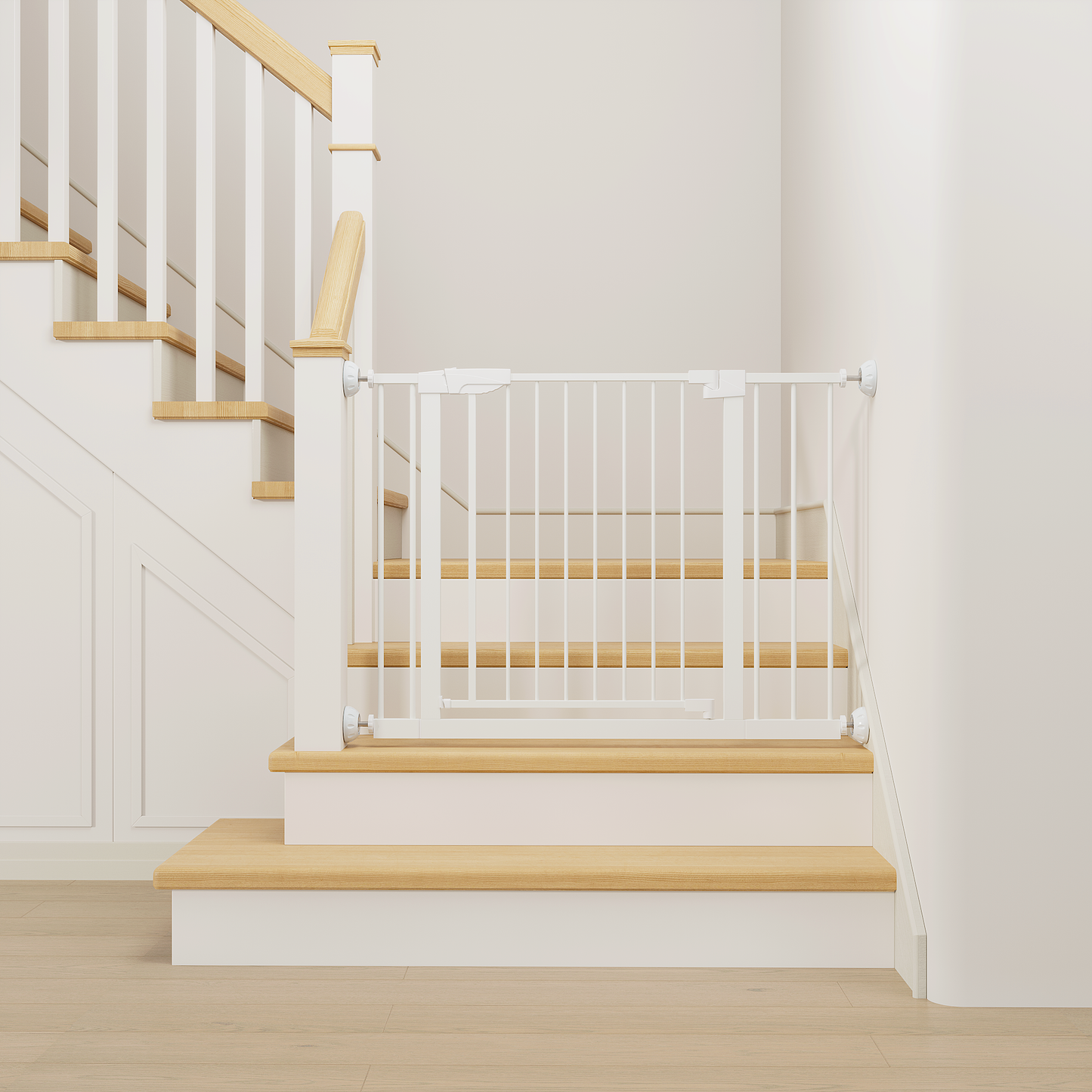 29.5-45.3" Wide Baby Gate with wall protector for Stairs, Dog Gate Indoor for Doorways, No Drilling Pressure Mounted Pet Gates for Kids, Easy Walk Through Safety Gate, White image 6