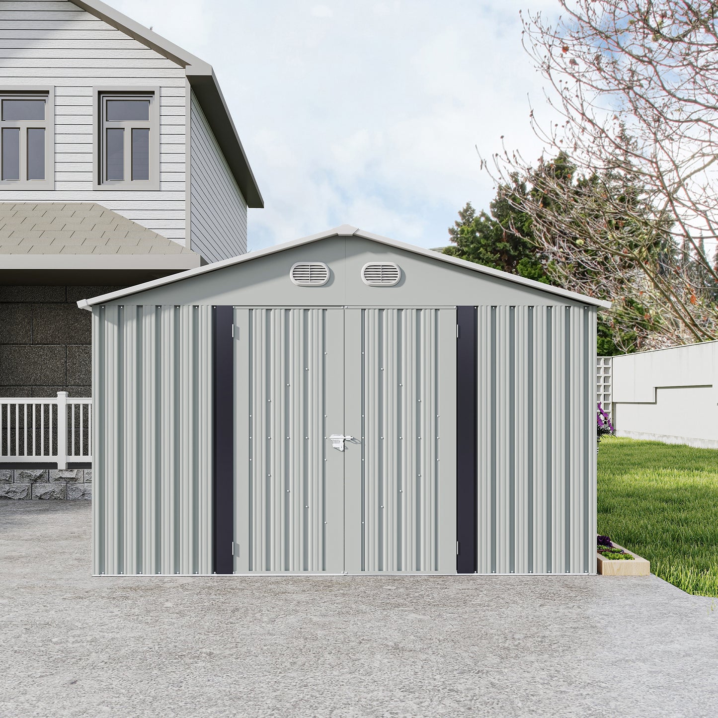 10x12 FT Outdoor Metal Storage Shed, Large Storage Sheds with Sturdy Frame Structure, Metal Garden Tool Shed with Lockable Door for Garden,Gift a foldable flower pot stand, Backyard, WHITE image 10