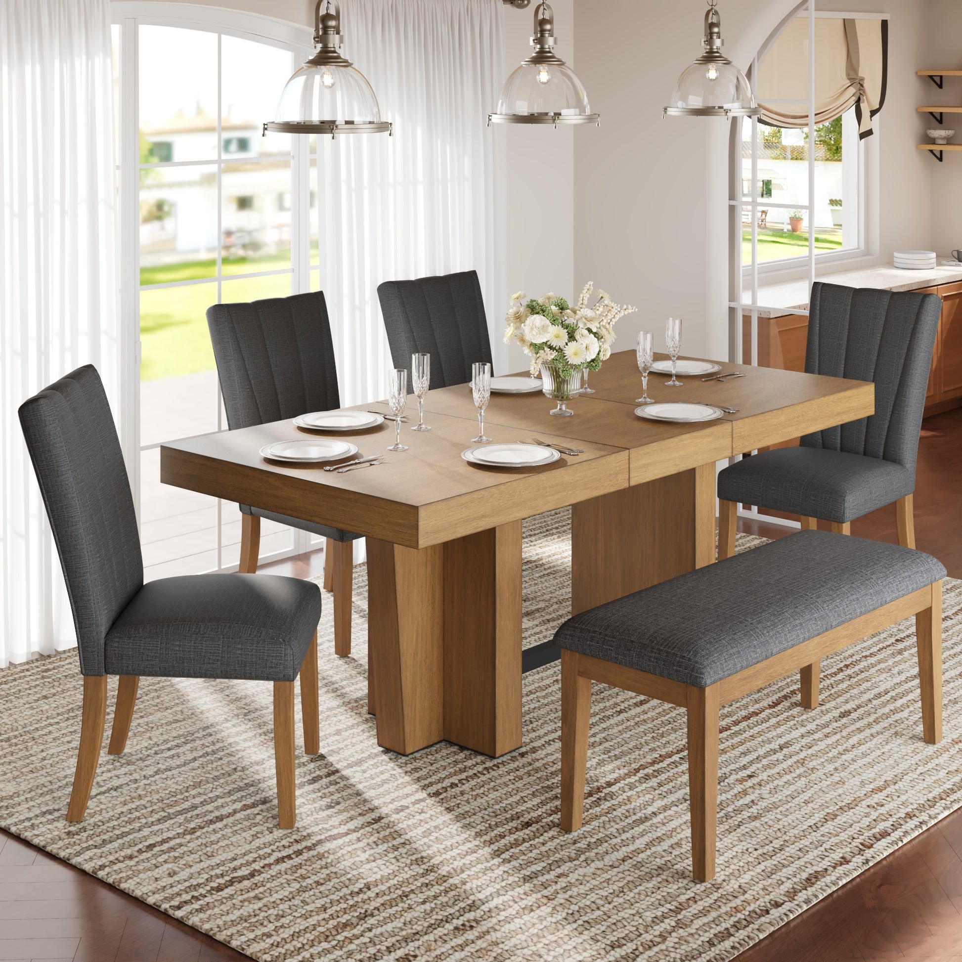 TOPMAX Farmhouse 78.1inch Extendable Wood Dining Table Set for 6, Kitchen Table Set with Bench and 4 Upholstered Chairs,3.8inch Thick Tabletop and Trestle Legs for Kitchen, Dining Room, Brown+Gray image 1
