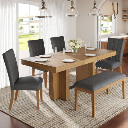 TOPMAX Farmhouse 78.1inch Extendable Wood Dining Table Set for 6, Kitchen Table Set with Bench and 4 Upholstered Chairs,3.8inch Thick Tabletop and Trestle Legs for Kitchen, Dining Room, Brown+Gray image 1