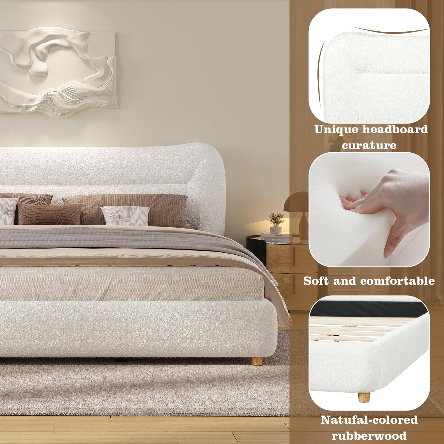 Minimalist curved headboard teddy bear plush bed, King, Cream image 6