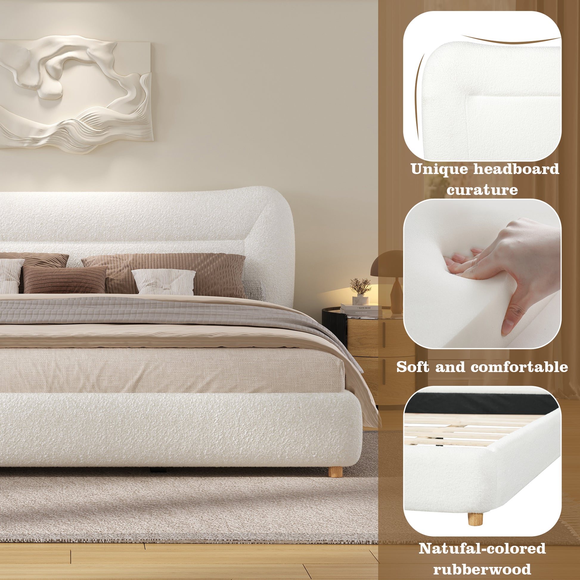 Minimalist curved headboard teddy bear plush bed, Queen, Cream image 6