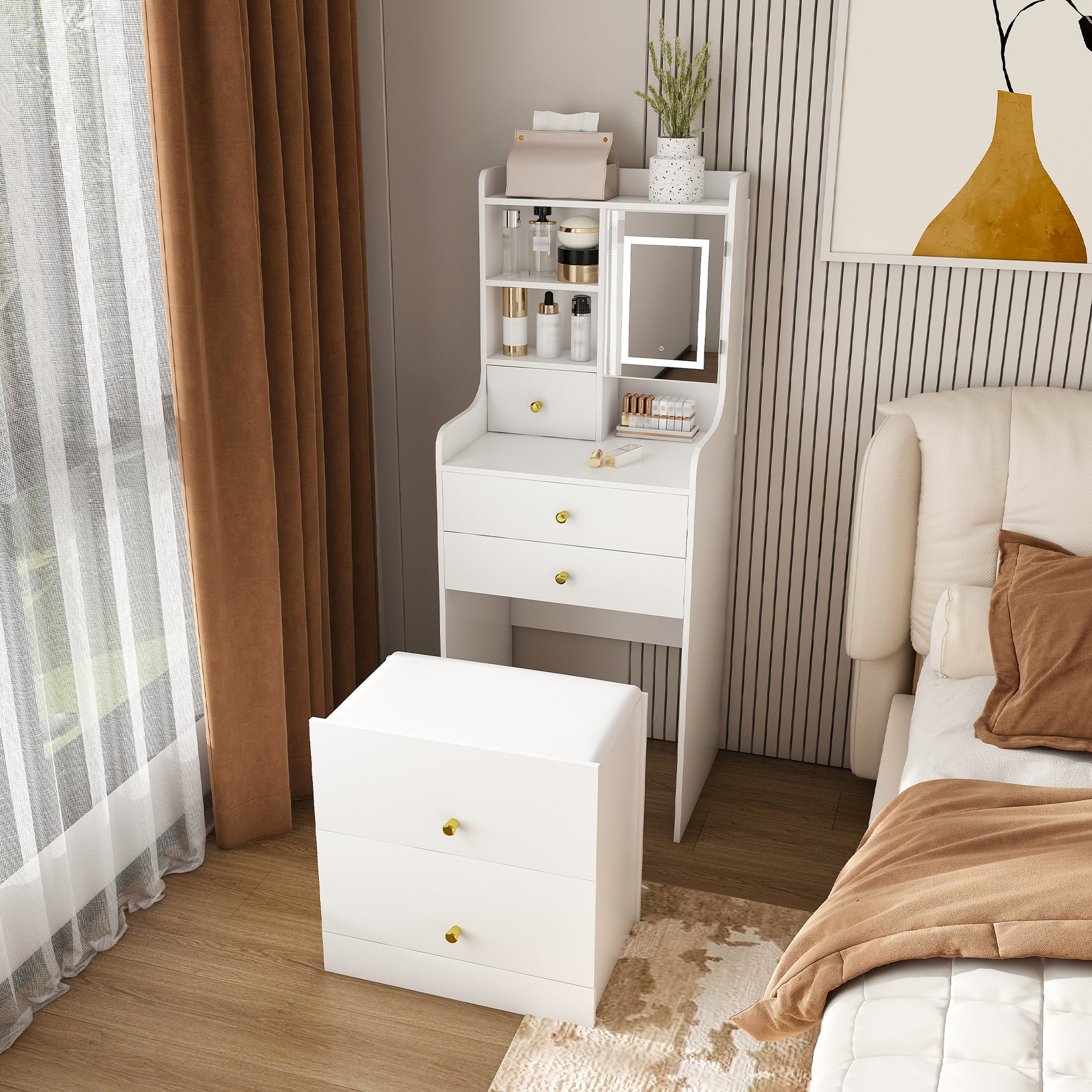 3-in-1 Dressing Table with LED Mirror & Storage Stool - Compact Makeup Vanity with 4 Drawers, Storage Cabinet & Hidden Stool, White Density Board Design, Open Bookshelf for Bedroom Organization image 2