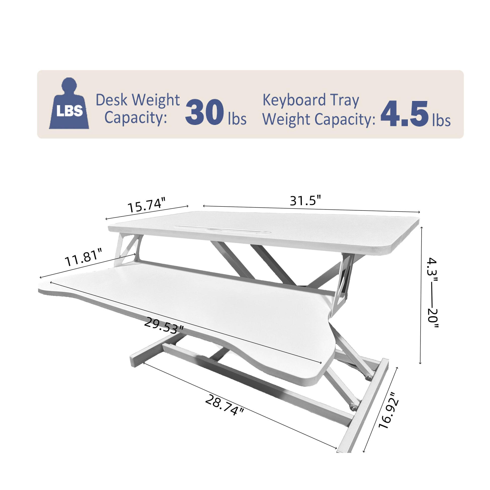 32 Inch Desk Converter, Height Adjustable Sit to Stand Riser, Dual Monitor and Laptop Workstation with Wide Keyboard Tray, Standing Computer Desk, WHITE image 4