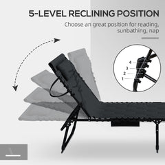 Outsunny Folding Chaise Lounge Set with 5-level Reclining Back, Outdoor Lounge Tanning Chair with Padded Seat, Side Pocket & Headrest for Beach, Yard, Patio, Black