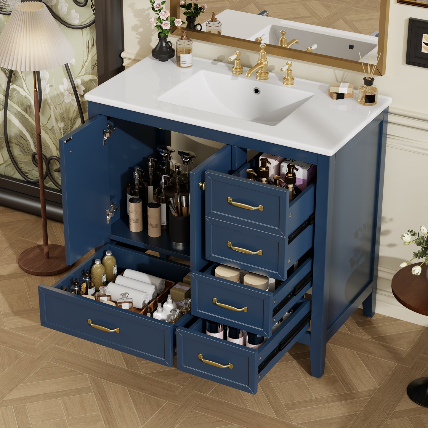 36" Bathroom Vanity with Sink, Bathroom Cabinet with Soft-Closing Door, 4 Drawers of Different Sizes, Solid Wood Frame and Leg, Two Packages, Blue image 1