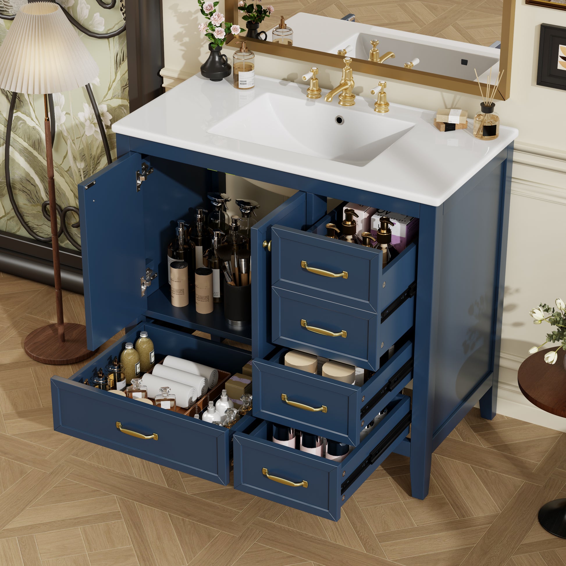 36" Bathroom Vanity with Sink, Bathroom Cabinet with Soft-Closing Door, 4 Drawers of Different Sizes, Solid Wood Frame and Leg, Two Packages, Blue image 1